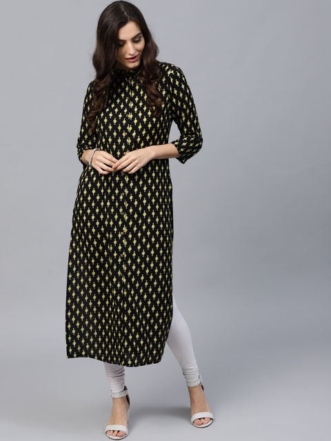 

GERUA Women Black & Yellow Printed Straight Kurta