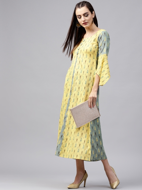 

GERUA Women Yellow Printed Midi A-Line Dress