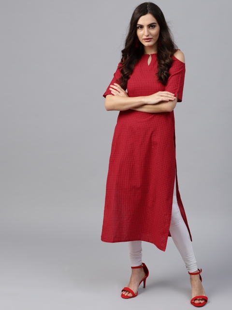 

GERUA Women Red & Black Checked Straight Kurta