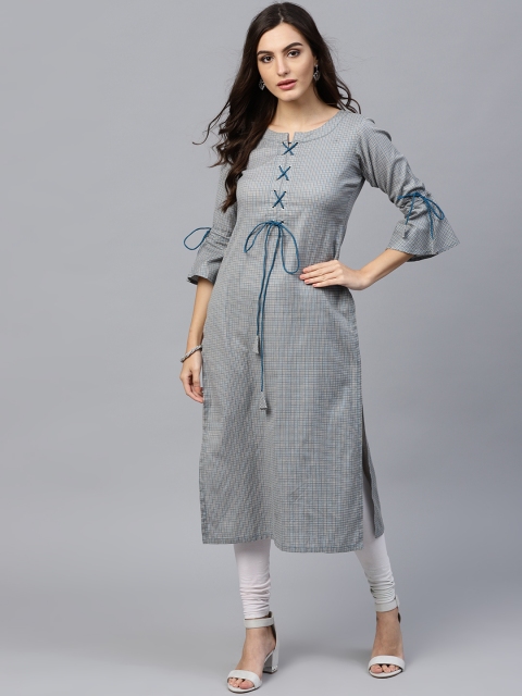 

GERUA Women Grey & Teal Blue Checked Straight Kurta
