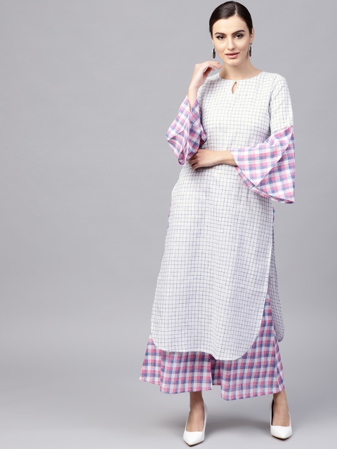 

GERUA Women White & Blue Checked Kurta with Palazzos