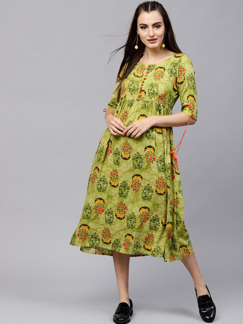 

GERUA Women Green & Red Printed Empire Dress