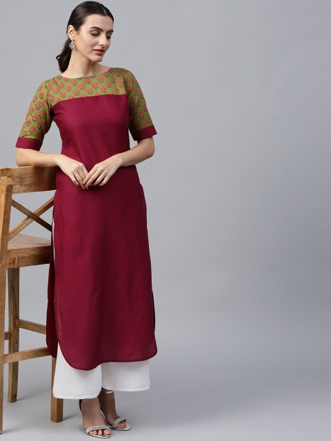 

GERUA Women Maroon & Olive Green Printed Detail Straight Kurta