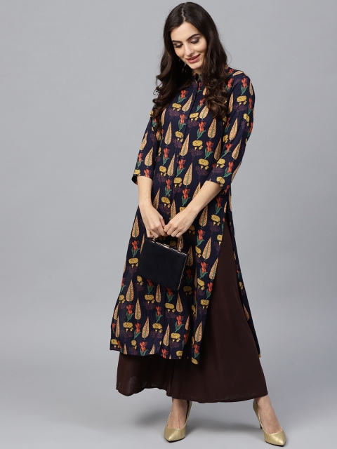 

GERUA Women Navy Blue & Peach-Coloured Printed Straight Kurta