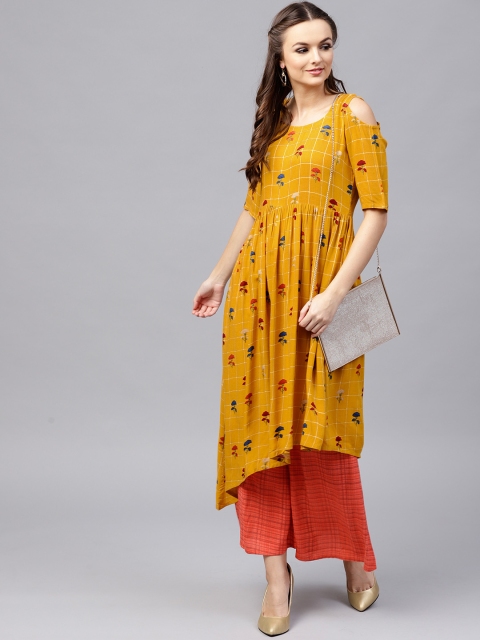 

GERUA Women Mustard Yellow & Coral Orang Printed Kurta with Palazzos