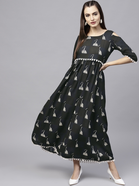

GERUA Women Black Printed Cold-Shoulder Maxi Dress