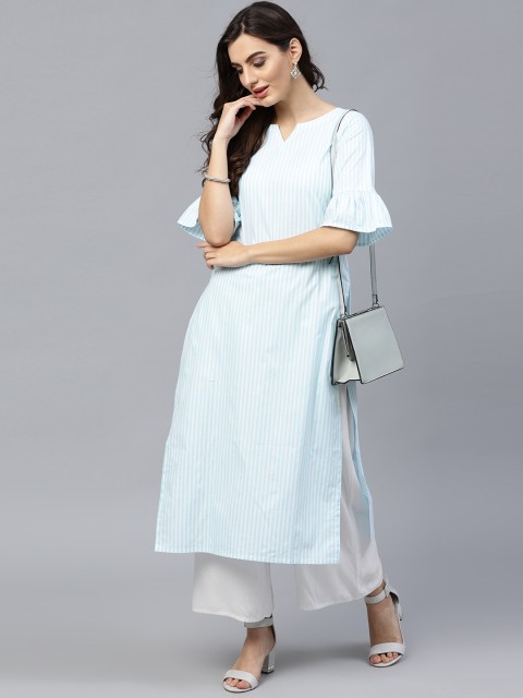 

GERUA Women Blue & White Striped Straight Kurta