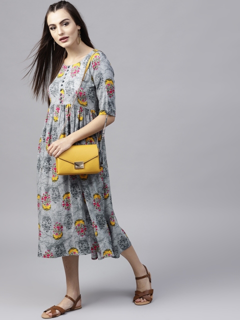 

GERUA Women Grey & Yellow Printed Midi Empire Dress