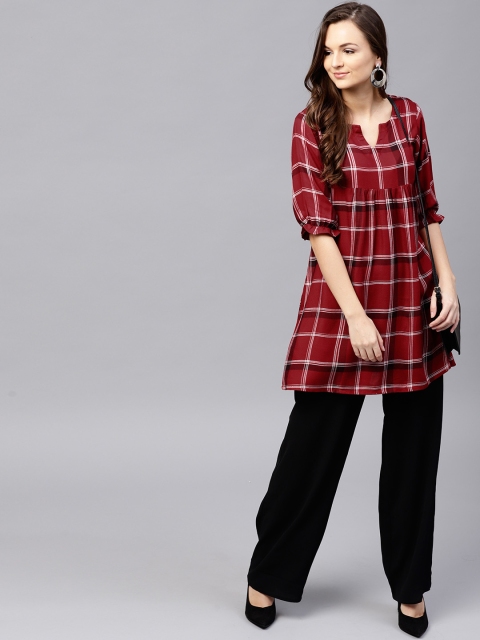 

GERUA Women Maroon & White Checked A-Line Kurti