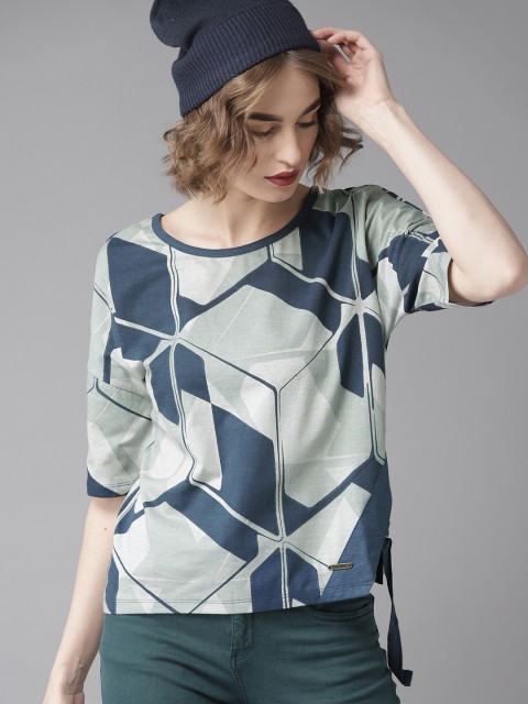 

Roadster Women Teal Blue & Green Printed Round Neck T-shirt