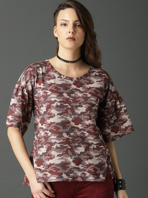 

Roadster Women Maroon & Beige Camouflage Printed Top