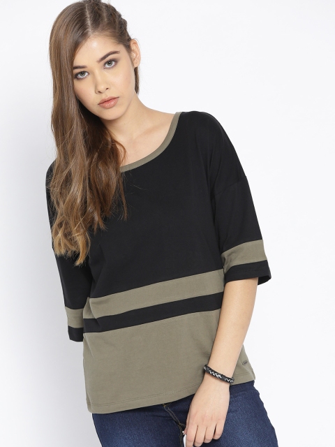 

Roadster Women Black & Olive Colourblocked Round Neck T-shirt