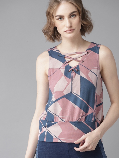 

Roadster Women Pink & Navy Printed Top