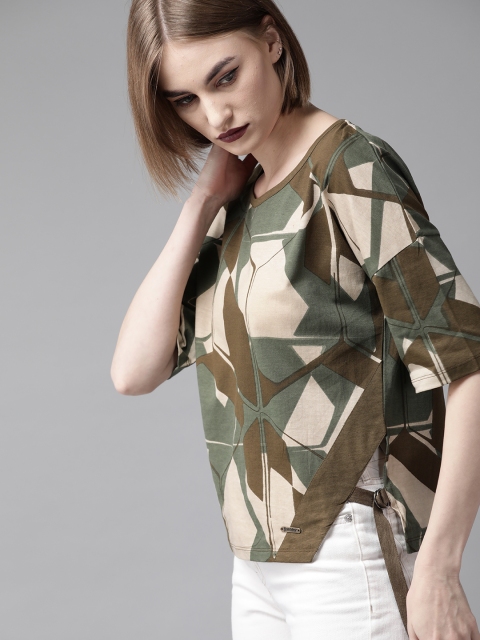

Roadster Women Olive Green & Beige Printed Boxy Top