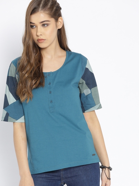 

Roadster Women Teal Blue Solid Henley Neck T-shirt