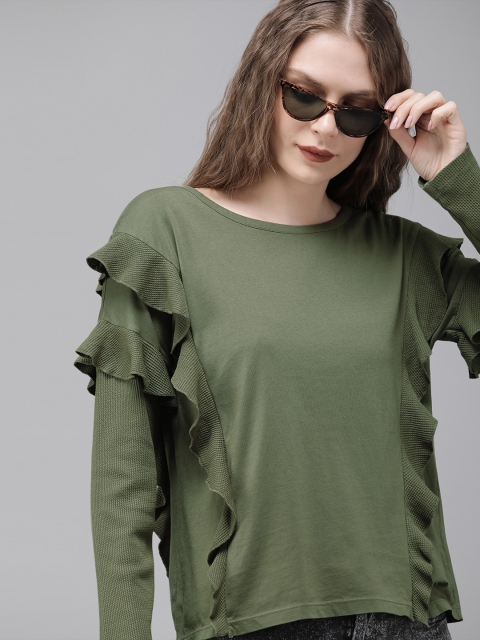 

Roadster Women Olive Green Solid Ruffle Pure Cotton Top