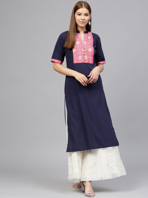 

Ahalyaa Women Navy Blue & Pink Yoke Design Straight Kurta