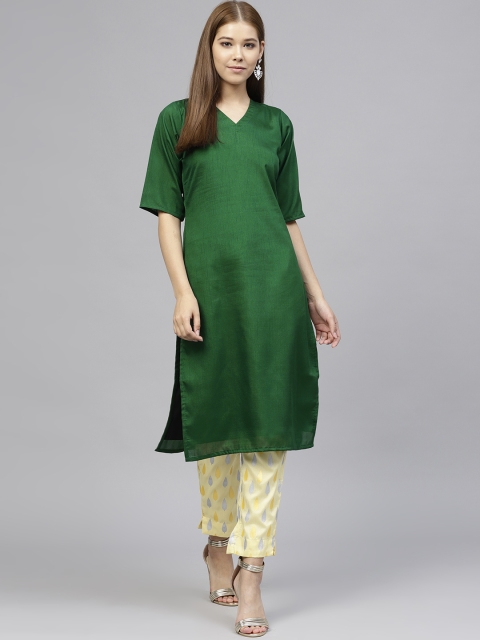 

Ahalyaa Women Green & Yellow Solid Kurta with Trousers
