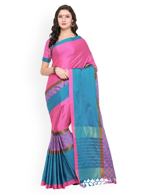 

Satrani Pink & Turquoise Blue Poly Silk Solid Saree