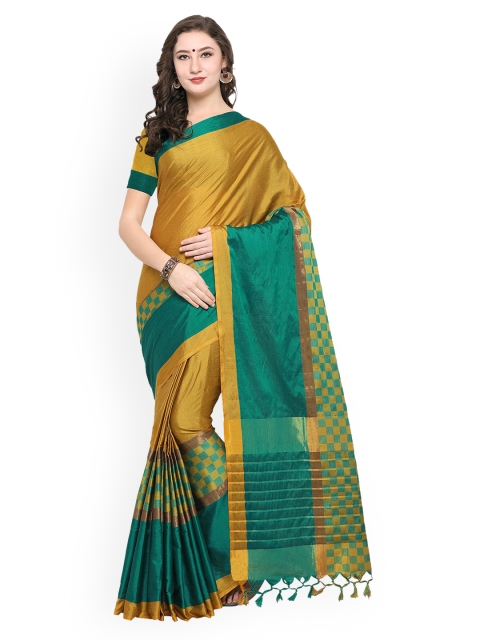 

Satrani Mustard Yellow & Green Poly Silk Solid Saree