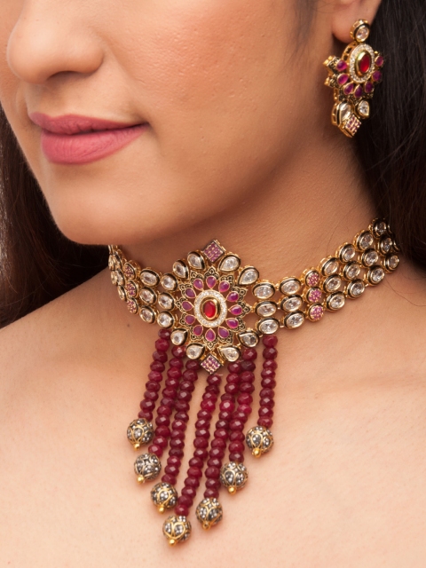 

Rubans Women Gold-Plated & Red Kundan Necklace Set
