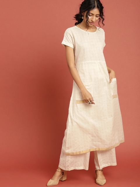 

Taavi Women Off-White & Gold-Coloured Checked Kasavu Sustainable Kurta & Palazzo