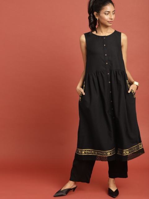 

Taavi Women Black Solid Kasavu Dress with Lace Inserts