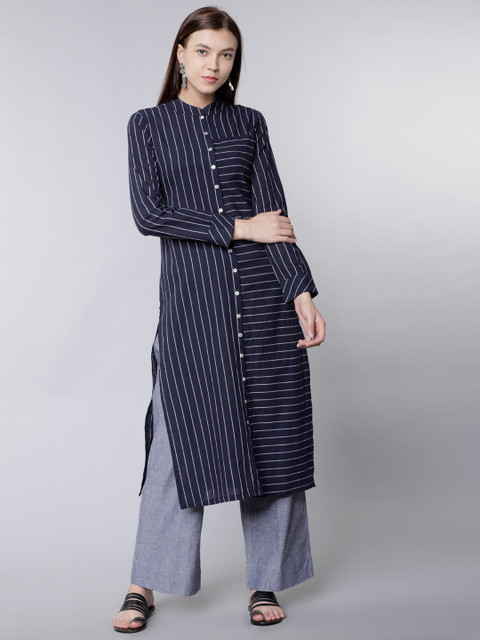

Vishudh Women Navy Striped Kurta with Palazzos, Navy blue