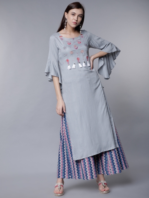 

Vishudh Women Grey Solid Straight Kurta