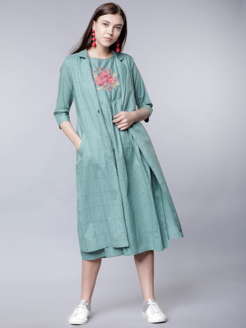 

Vishudh Women Sea Green Printed A-Line Kurta with Front Open Jacket