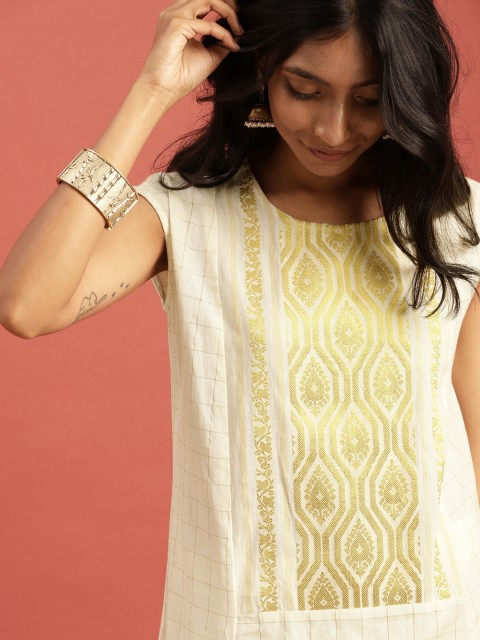 

Taavi Women Off-White & Gold-Toned Checked Kasavu A-Line Asymmetric Sustainable Kurta
