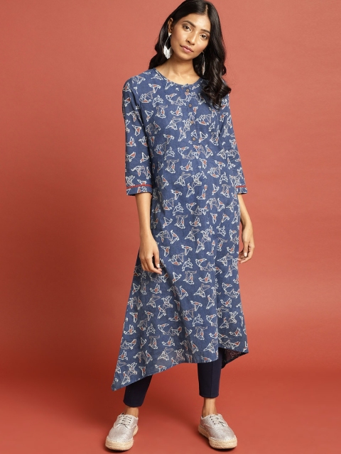 

Taavi Women Blue Printed Indigo Block Print Legacy Sustainable A-line Asymmetric Kurta