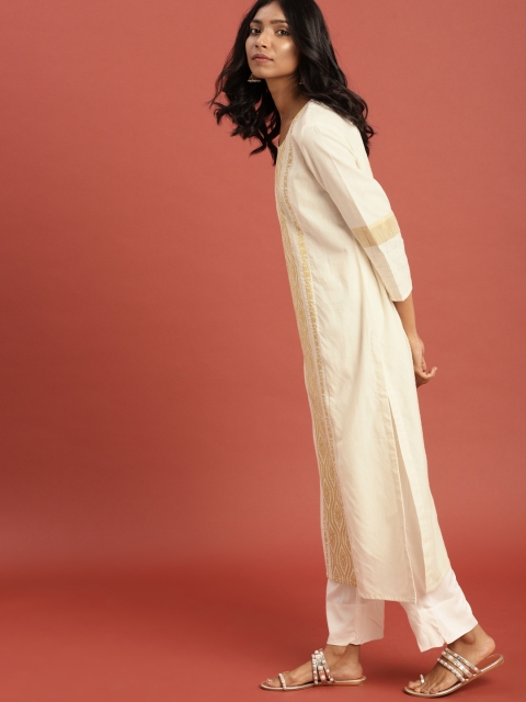 

Taavi Women Off-White & Gold-Toned Woven Design Kasavu Straight Sustainable Kurta with Zari Detailing