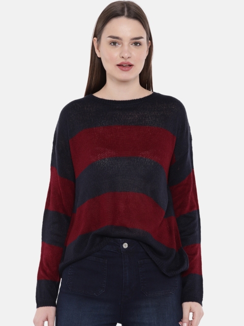 

FOREVER 21 Women Navy & Maroon Striped Pullover, Navy blue