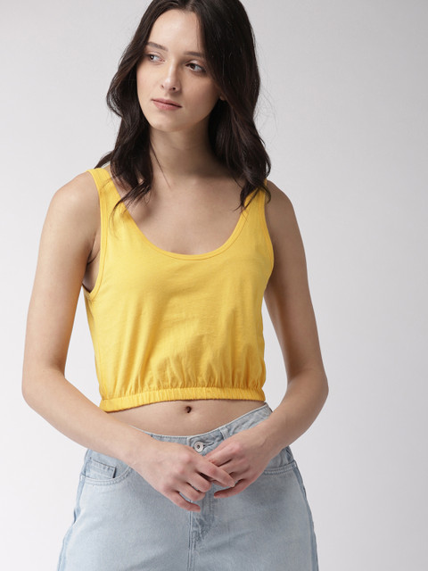 

FOREVER 21 Women Yellow Solid Crop Pure Cotton Top