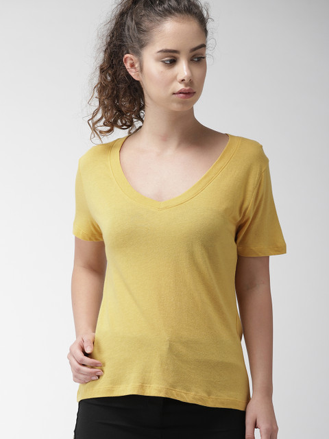 

FOREVER 21 Women Mustard Yellow Solid V-Neck T-shirt
