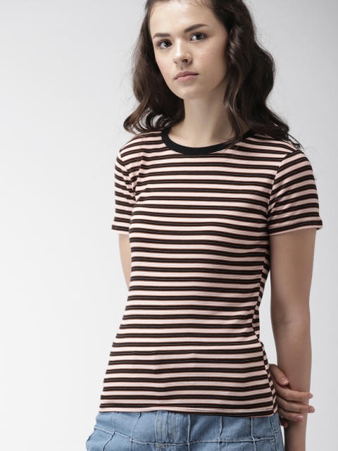 

FOREVER 21 Women Black & Peach-Coloured Striped Round Neck T-shirt
