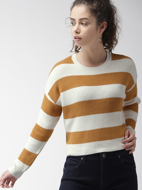 

FOREVER 21 Women Cream-Coloured & Mustard Brown Striped Pullover