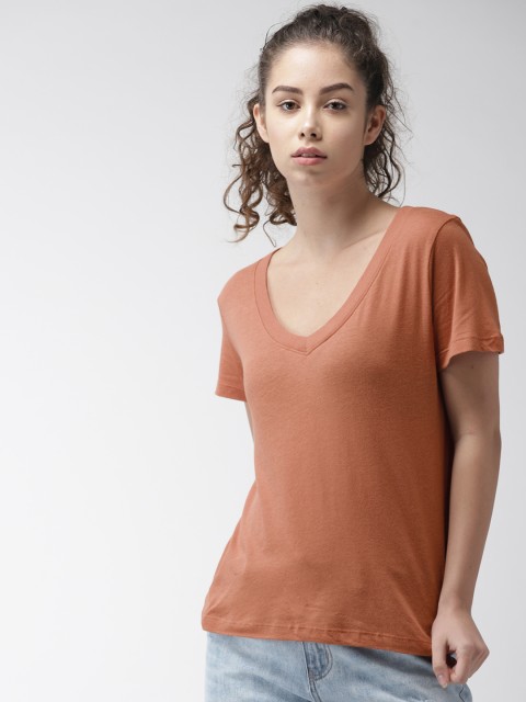 

FOREVER 21 Women Rust Orange Solid V-Neck T-shirt