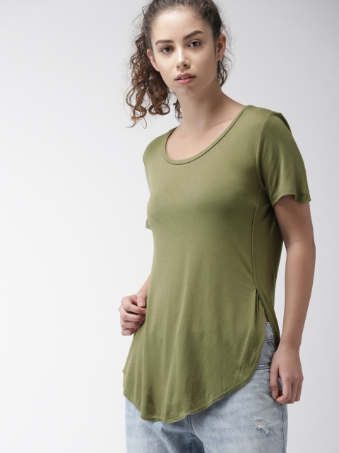 

FOREVER 21 Women Olive Green Solid High-Low Top