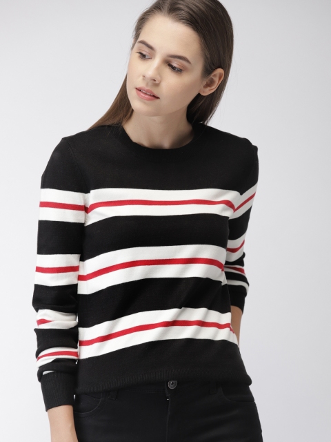 

FOREVER 21 Women Black & Off-White Striped Pullover Sweater