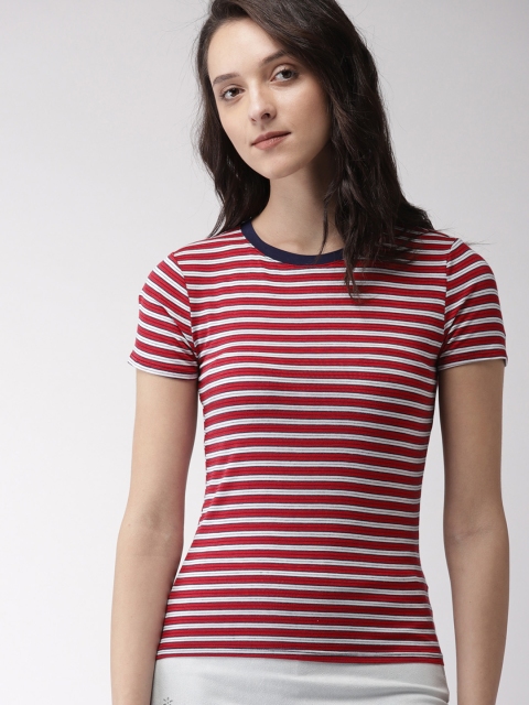 

FOREVER 21 Women Red & White Striped Round Neck T-shirt