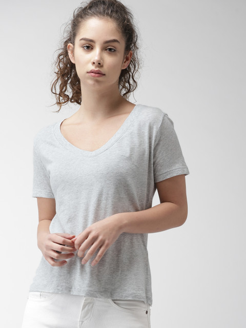 

FOREVER 21 Women Grey Melange Solid V-Neck T-shirt