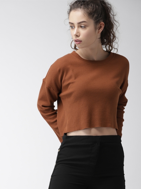 

FOREVER 21 Women Rust Brown Self-Design Crop T-shirt