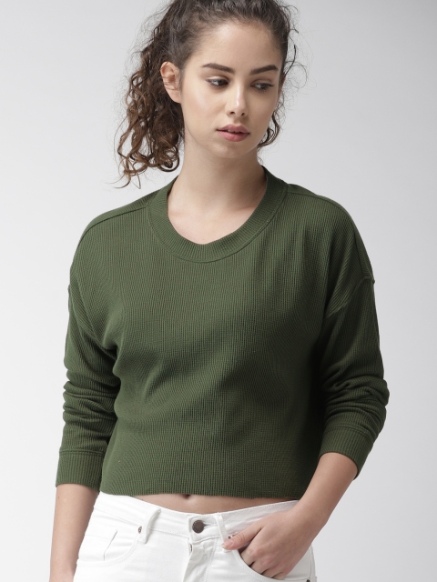 

FOREVER 21 Women Olive Green Self Design Round Neck T-shirt