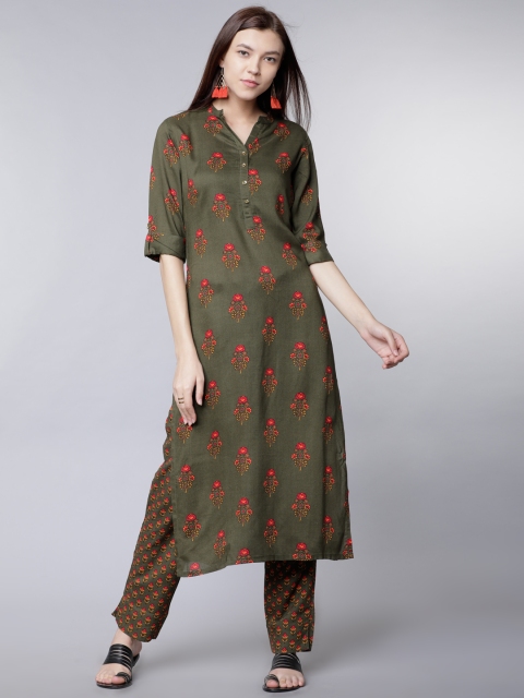 

Vishudh Women Olive Green & Pink Printed Kurta with Palazzos