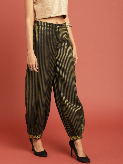 

Taavi Women Gold-Coloured & Black Kasavu Striped Ethnic Trousers