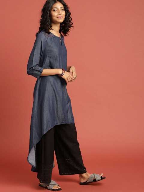 

Taavi Women Blue Solid Embroidery Legacy A-Line High-Low Sustainable Kurta