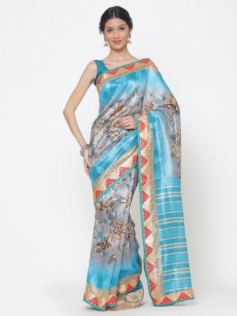 

Chhabra 555 Turquoise Blue & Grey Art Silk Printed Bhagalpuri Saree