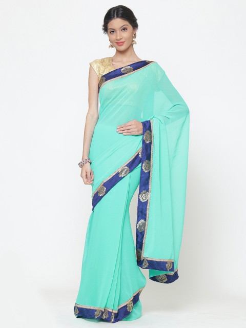 

Chhabra 555 Turquoise Blue Poly Georgette Solid Saree